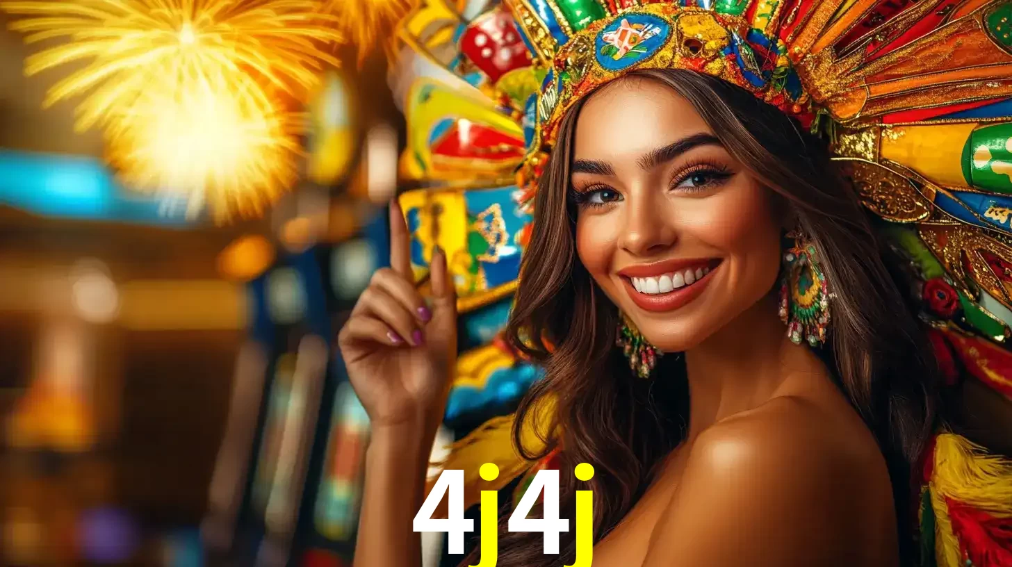 Mulher sorridente com um cocar de carnaval vibrante e colorido, celebrando uma grande vitória nos jogos do cassino 4j4j com fogos de artifício ao fundo.