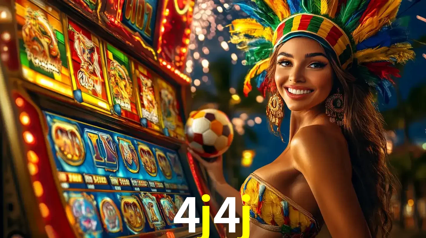 Mulher com um cocar de carnaval ao lado de uma máquina de caça-níqueis enquanto segura uma bola de futebol, mostrando a união da diversão de cassino e esportes no 4j4j.