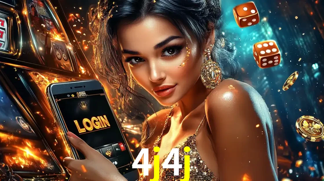 Mulher glamourosa segurando um celular com a tela de login do cassino 4j4j, rodeada por dados e moedas douradas, pronta para começar a diversão.