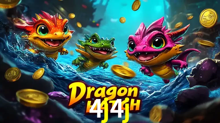 Arte promocional do jogo Dragon Hatch com três adoráveis dragões bebês nadando entre moedas de ouro, um dos slots mais divertidos para jogar no cassino 4j4j.