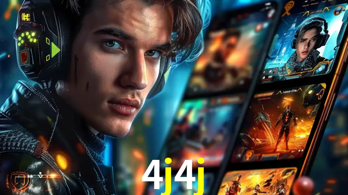 Jovem jogador com fones de ouvido olhando para a câmera, com um aplicativo de jogos e e-sports para celular ao fundo, pronto para a competição e apostas no 4j4j.