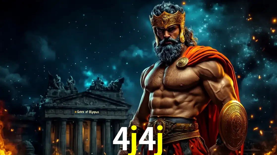 O poderoso Zeus do jogo de slot Gates of Olympus em frente ao seu templo, pronto para lançar multiplicadores divinos e prêmios épicos no cassino online 4j4j.