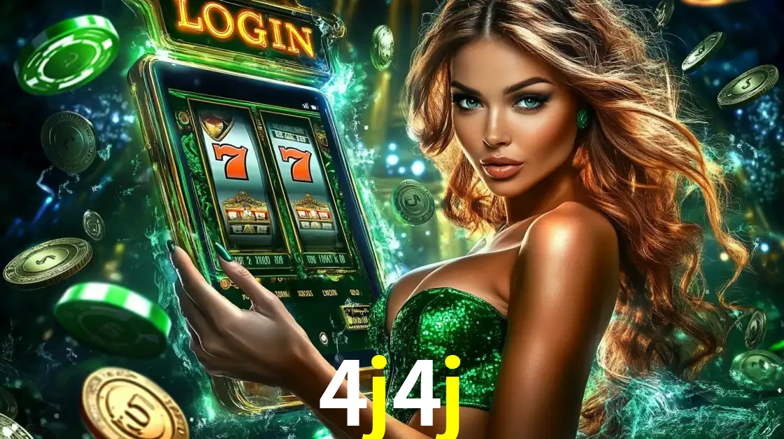 Mulher com tema verde apresentando o aplicativo do cassino 4j4j com um jogo de slot de 777, cercada por fichas de cassino e uma aura de sorte.