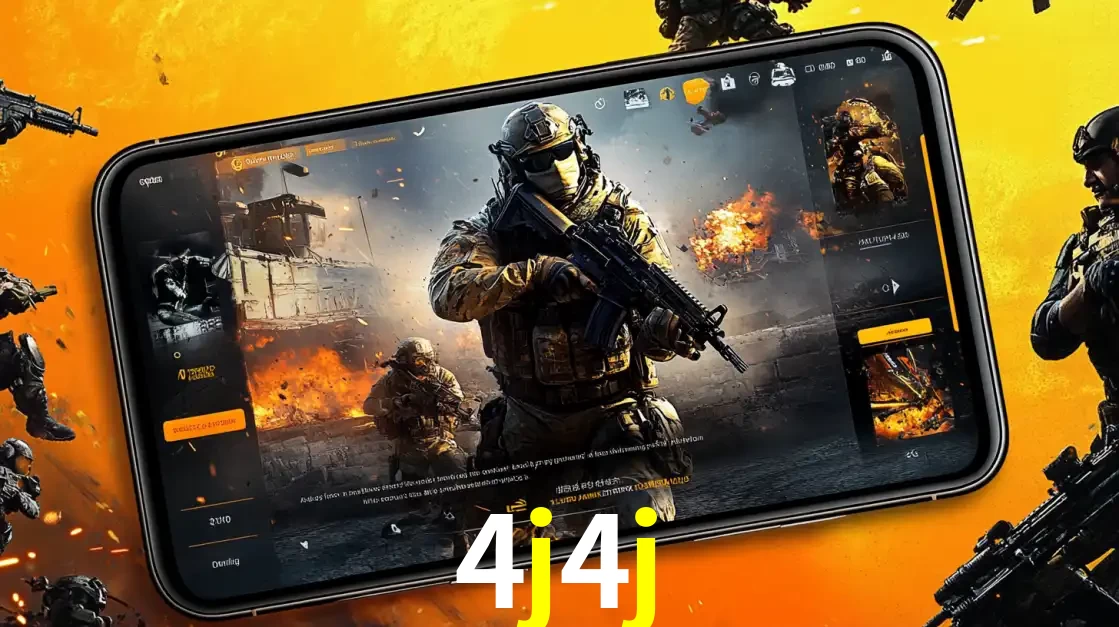 Um smartphone exibindo a interface de um jogo de tiro em primeira pessoa, com um soldado em um cenário de batalha, representando a ação dos e-sports para apostar no 4j4j.
