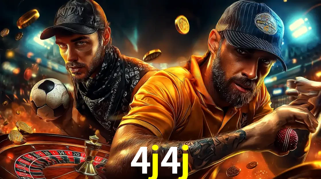 Montagem de apostas esportivas e cassino no 4j4j, com um homem segurando uma bola de futebol e outro uma de beisebol sobre uma roleta e moedas voadoras.