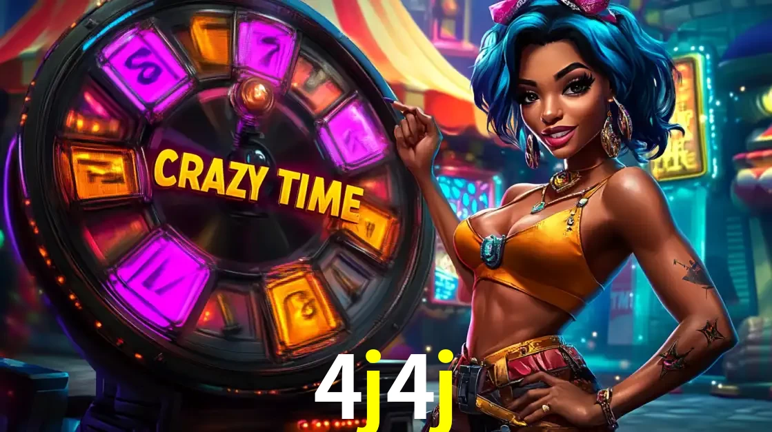 Mulher estilizada com cabelo azul e visual vibrante posando ao lado da roda de prêmios do game show Crazy Time, convidando para a diversão e os bônus do cassino 4j4j.