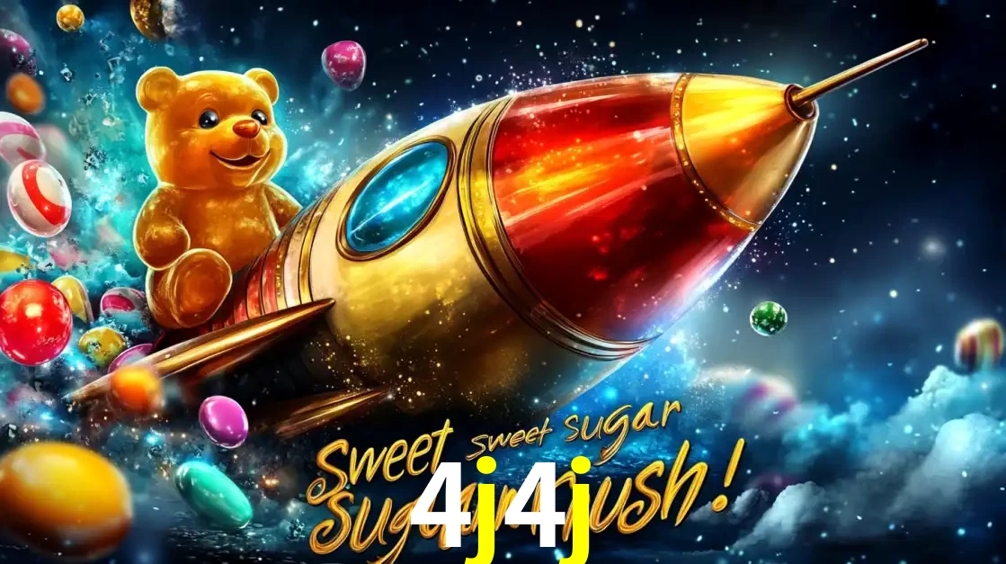 Arte promocional do jogo de slot Sugar Rush, com um urso de pelúcia em um foguete viajando pelo espaço de doces, um dos jogos divertidos disponíveis no cassino 4j4j.