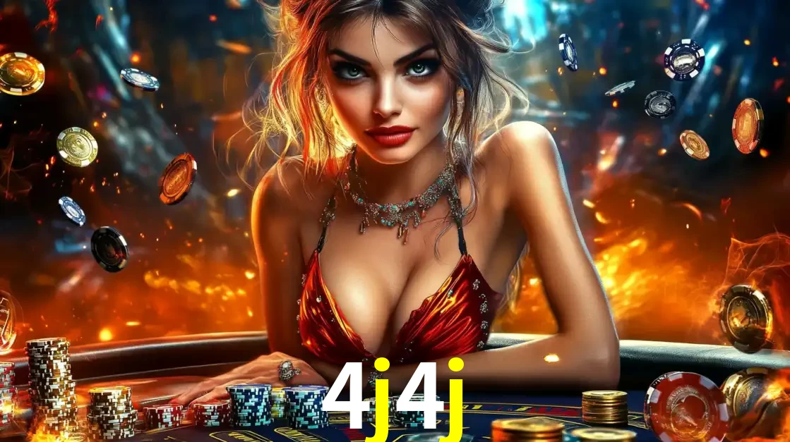 Mulher em uma mesa de cassino com pilhas de fichas e um fundo de fogo, pronta para uma rodada de altas apostas nos jogos de mesa emocionantes do cassino 4j4j.