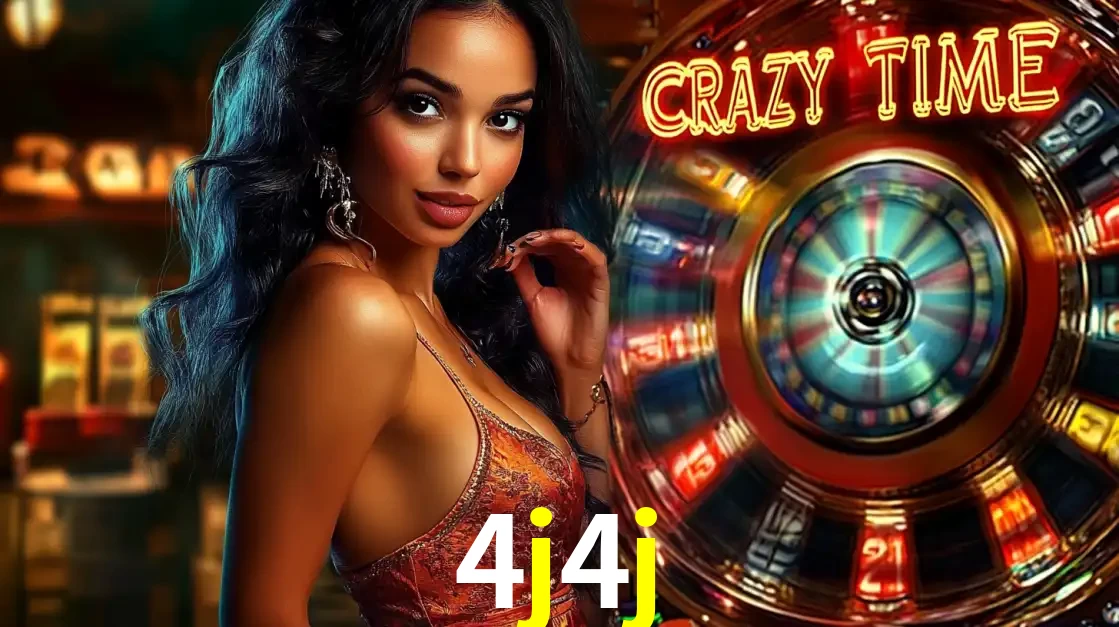 Mulher elegante ao lado da vibrante roda da fortuna do jogo de cassino ao vivo Crazy Time, um dos game shows mais populares e cheios de prêmios do 4j4j.