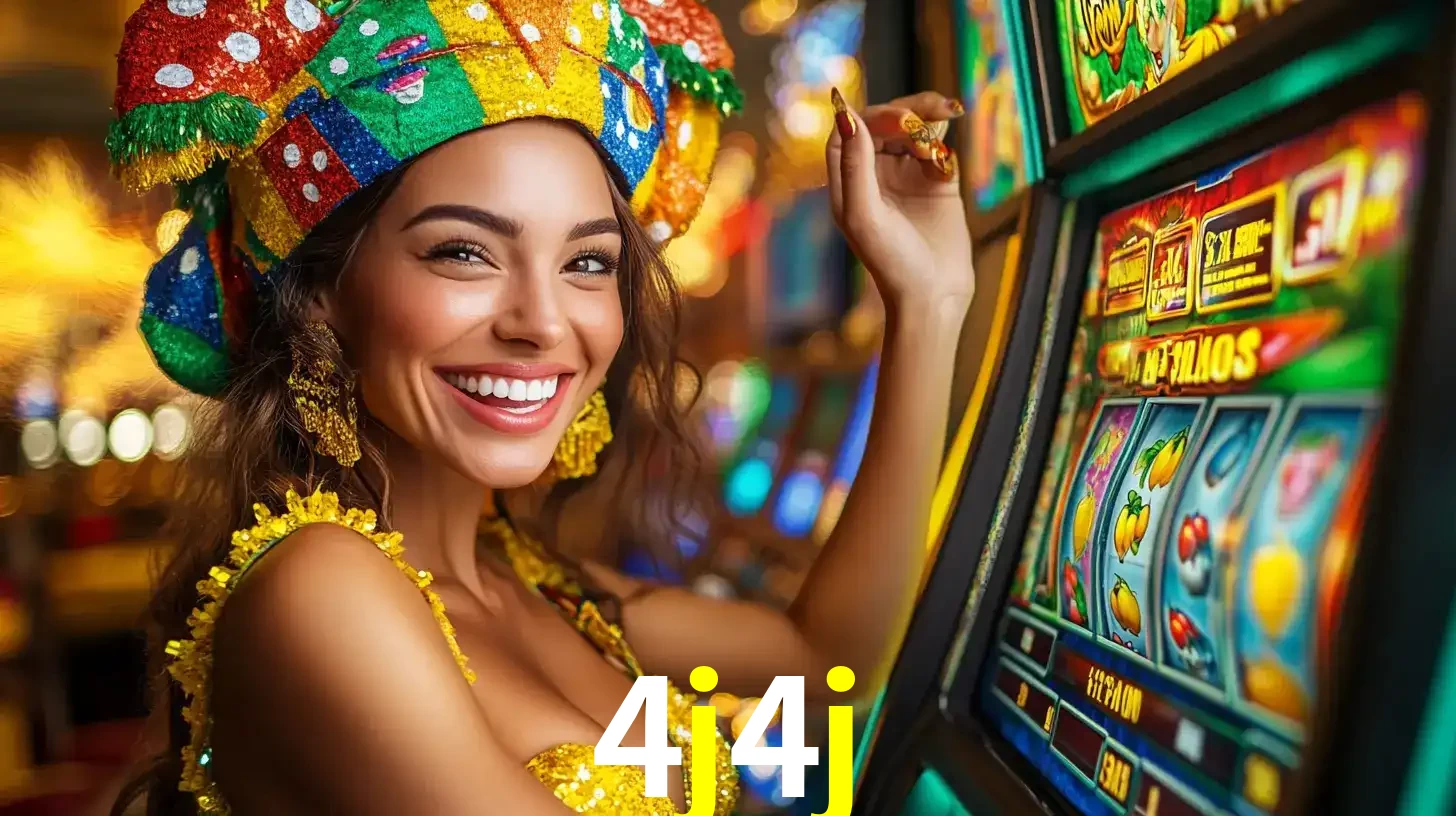 Mulher feliz com traje de carnaval amarelo e colorido ao lado de uma máquina de caça-níqueis, aproveitando a diversão e os jogos temáticos do cassino 4j4j.