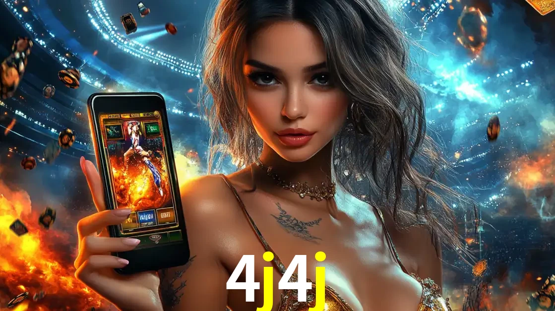 Mulher segurando um celular com um jogo de slot em destaque, tendo como fundo um estádio vibrante, simbolizando a emoção de jogar no cassino móvel 4j4j.