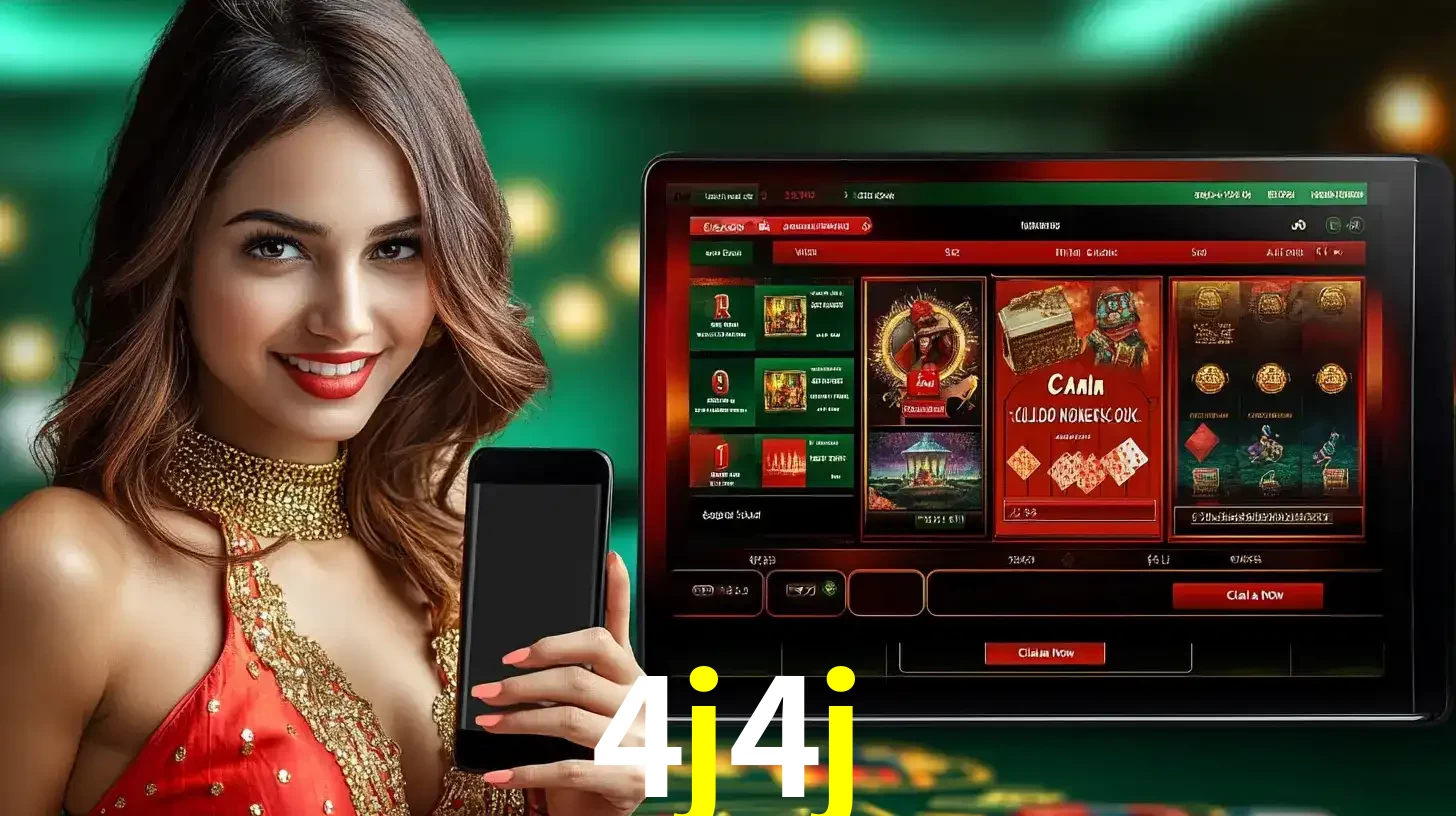 Mulher sorridente segurando um smartphone, ao lado de uma tela exibindo o lobby de jogos do cassino online 4j4j, com várias opções de jogos de cartas e slots.